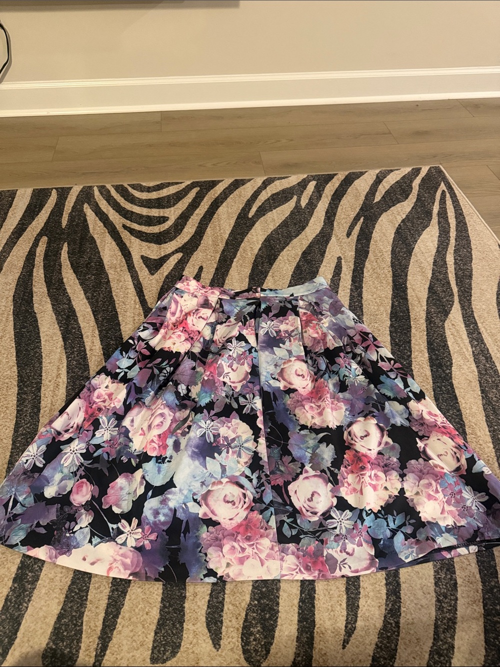 New York & Company Floral Circle Skirt in Black, Pink & Purple